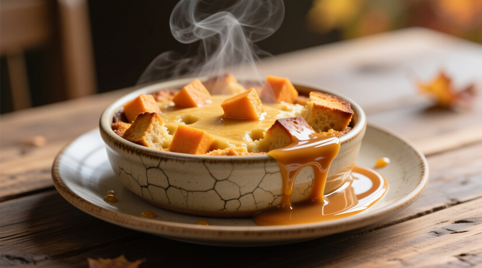Golden sweet potato bread pudding with caramel sauce drizzle