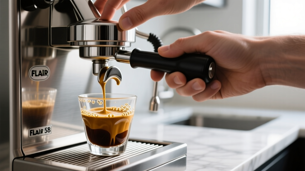 Hands pressing the lever of a stainless steel Flair 58 manual espresso maker to extract a rich shot of crema into a clear glass demitasse cup