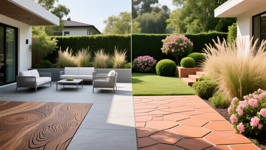 Split view of stamped concrete patio and clay paver patio in a modern backyard with outdoor lounge furniture and lush landscaping