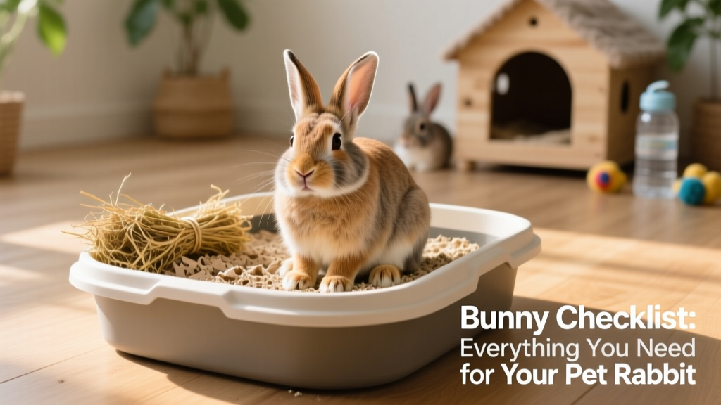 Rabbit using a cat-sized litter box filled with paper-based litter, with fresh hay placed along the inner edge