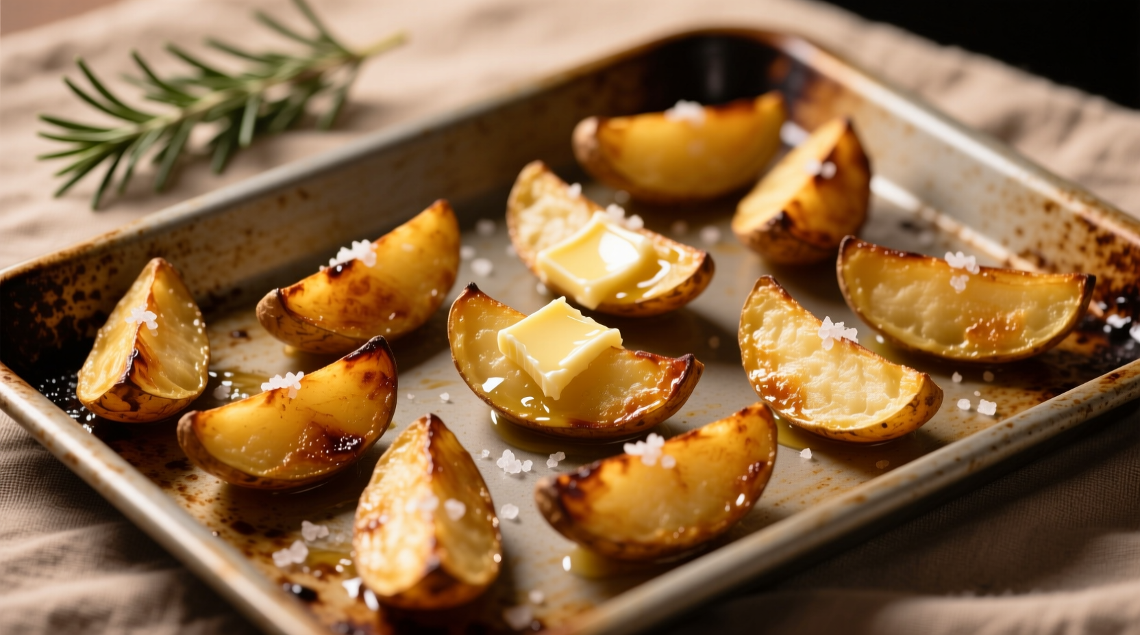 Perfectly roasted golden potato wedges on baking sheet