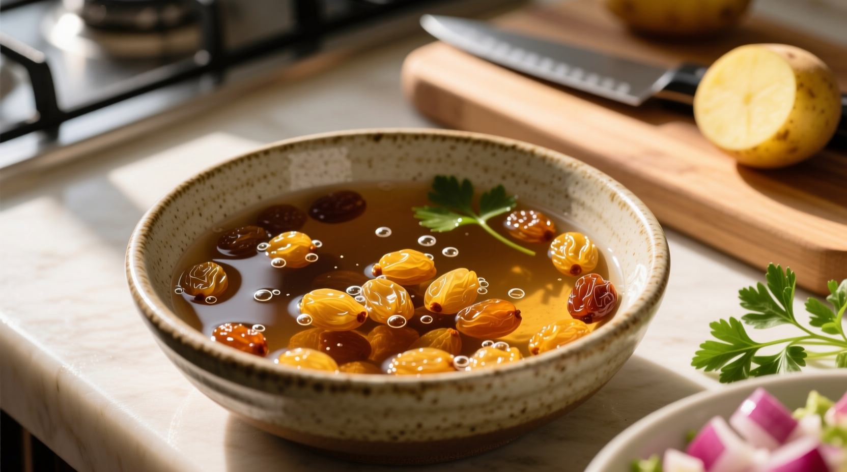 Golden raisins soaking in warm water for potato salad