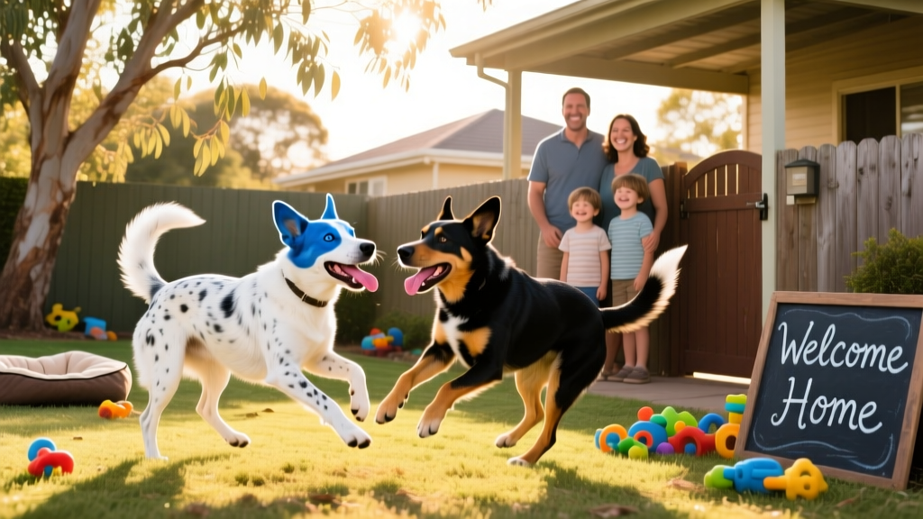 Two Australian Cattle Dogs playing happily in a backyard with their new family, symbolizing a successful, joyful rehoming outcome