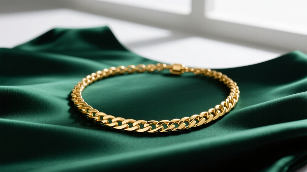 Close-up of a delicate 14k gold herringbone chain necklace resting elegantly on dark emerald silk dress fabric