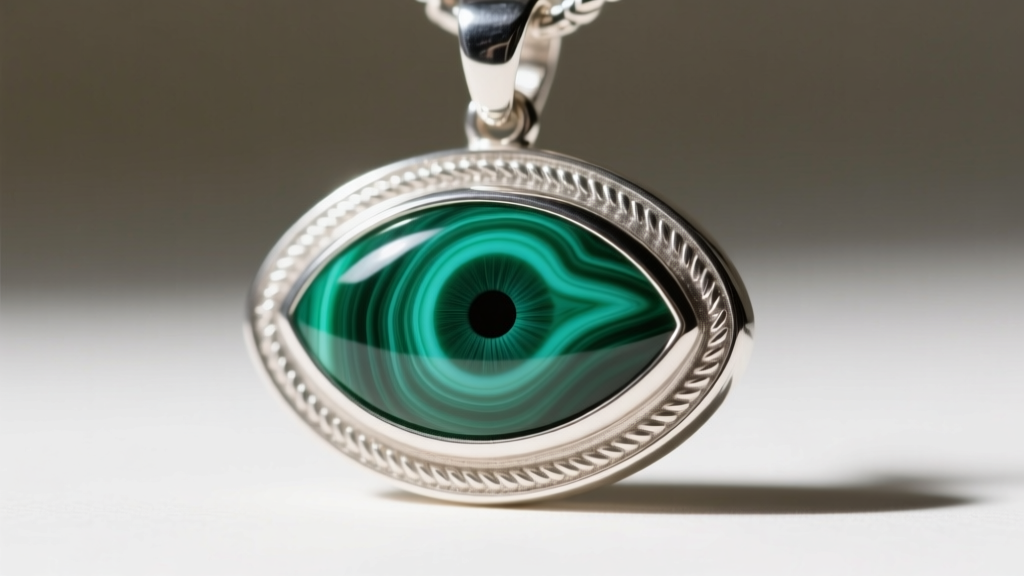 Macro shot of a polished malachite evil eye pendant set in heavy sterling silver, showcasing vibrant green banding patterns.