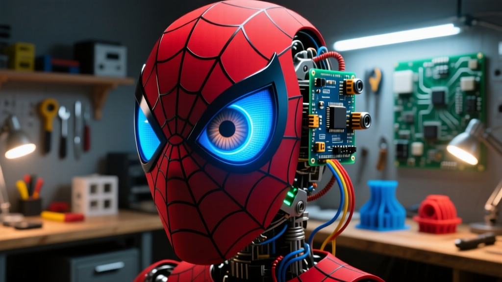 Close up of an Arduino controlled animatronic Spider-Man mask lens adjusting its aperture in a dimly lit maker space