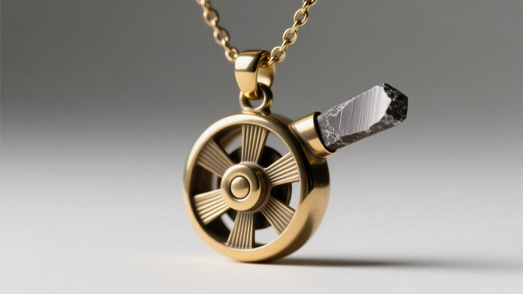 Macro shot of a solid brass flint necklace lighter pendant displaying the textured spark wheel and fresh flint rod in sharp detail.
