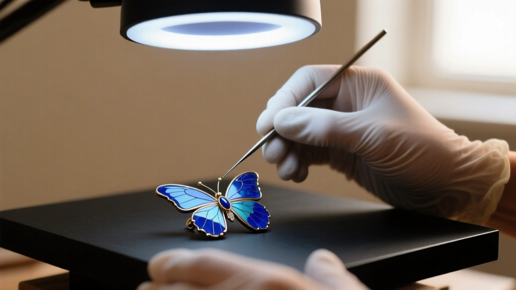 Jeweler applying UV resin to a chipped lapis butterfly wing earring with a fine needle, illuminated by a glowing UV lamp.