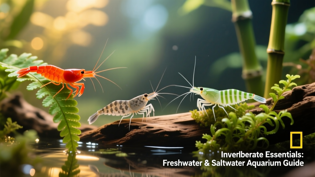Close-up of various freshwater shrimp—cherry, Amano, and bamboo—on aquatic plants and driftwood