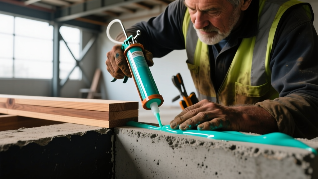 Close-up of a construction worker applying a bead of polyurethane waterproof material glue to a concrete block before attaching pressure-treated lumber