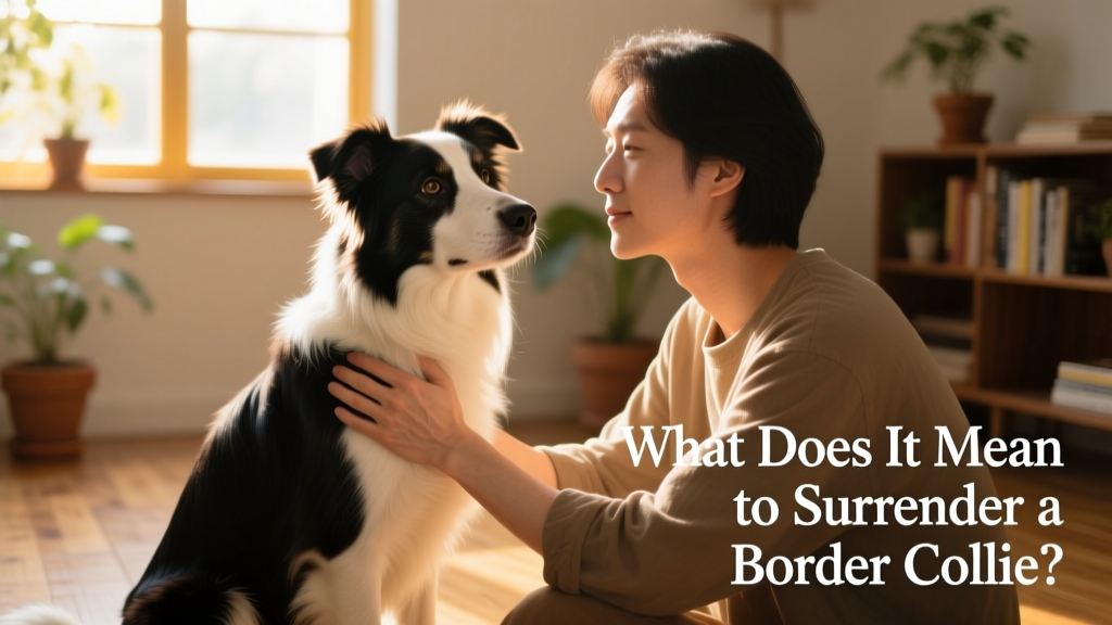 A calm, well-groomed Border Collie sitting beside a person with a gentle expression