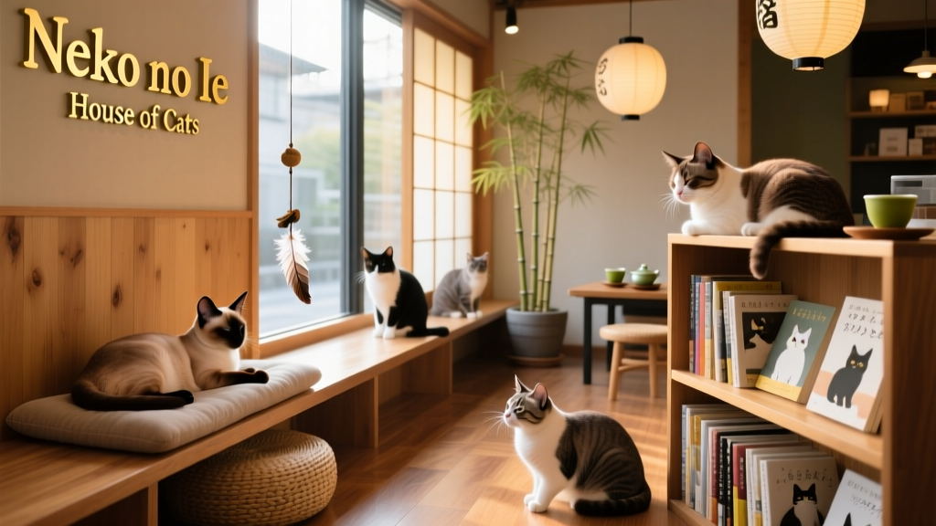 Multiple cats lounging playfully in a cozy, modern cat cafe with soft lighting and wooden accents