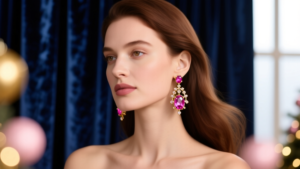 Elegant woman wearing 18k rose gold morganite chandelier earrings against a dark velvet holiday backdrop with soft bokeh lights