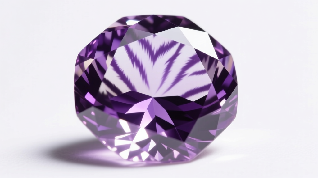 Macro view of internal color zoning and tiger stripe inclusions inside a faceted amethyst gemstone on a bright white background