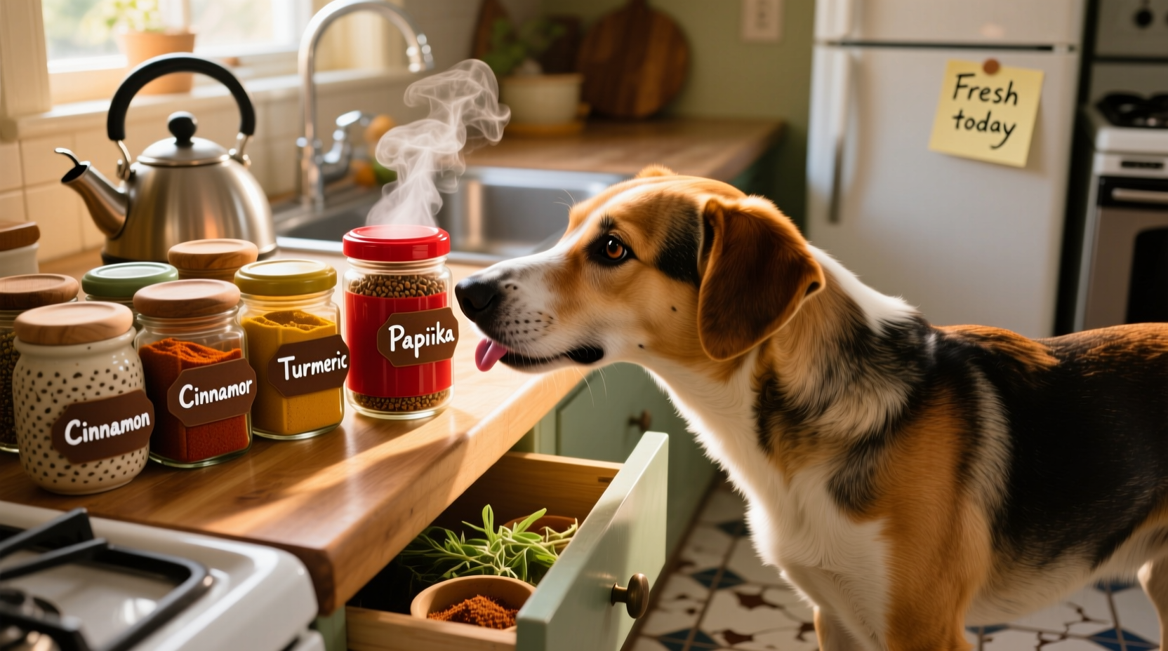 Dog sniffing safe spices on kitchen counter