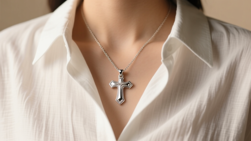 Sterling silver scapular necklace worn over a white linen shirt, front pendant resting on the chest in soft natural light