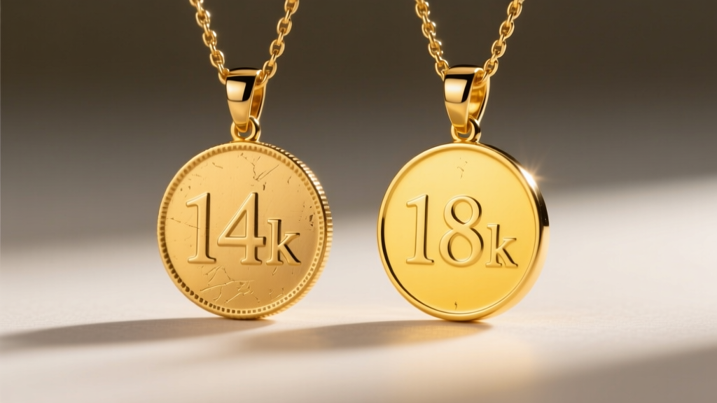Side-by-side view of 14k and 18k gold round coin pendants, showing subtle differences in yellow warmth and light reflectivity.