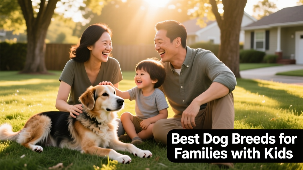 A smiling family sitting on the grass with a friendly, medium-sized mixed-breed dog resting beside them
