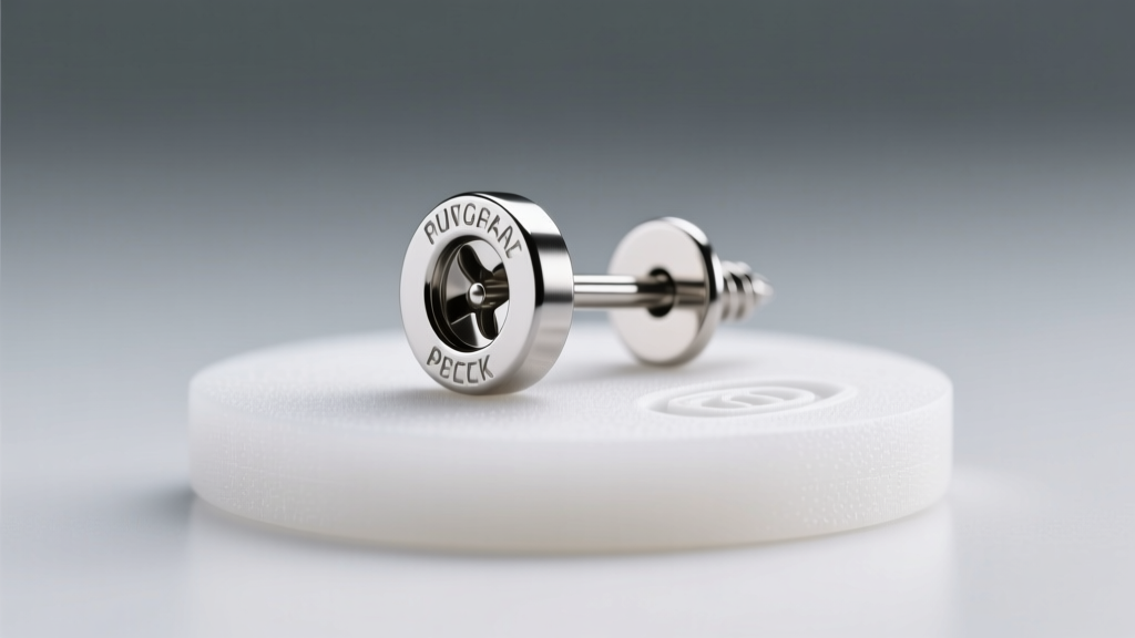 Macro shot of an implant-grade titanium screw-back pressure earring on a silicone pad under soft, diffused clinical studio lighting