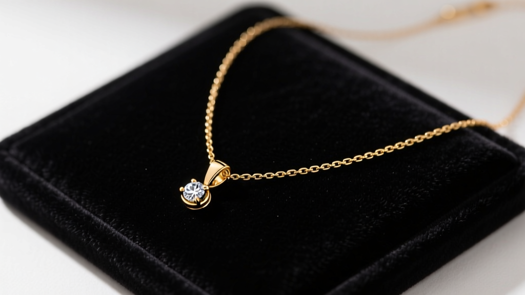 A 4mm gold omega necklace with pendant, showing a sleek sliding diamond bail resting smoothly on a dark velvet jewelry display pad