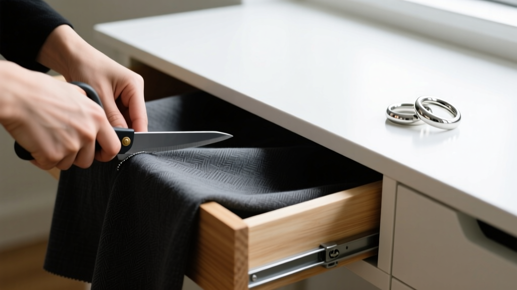 Hands cutting dark grey anti-tarnish cloth to fit inside a wooden IKEA MOPPE drawer, with silver rings resting nearby on desk.