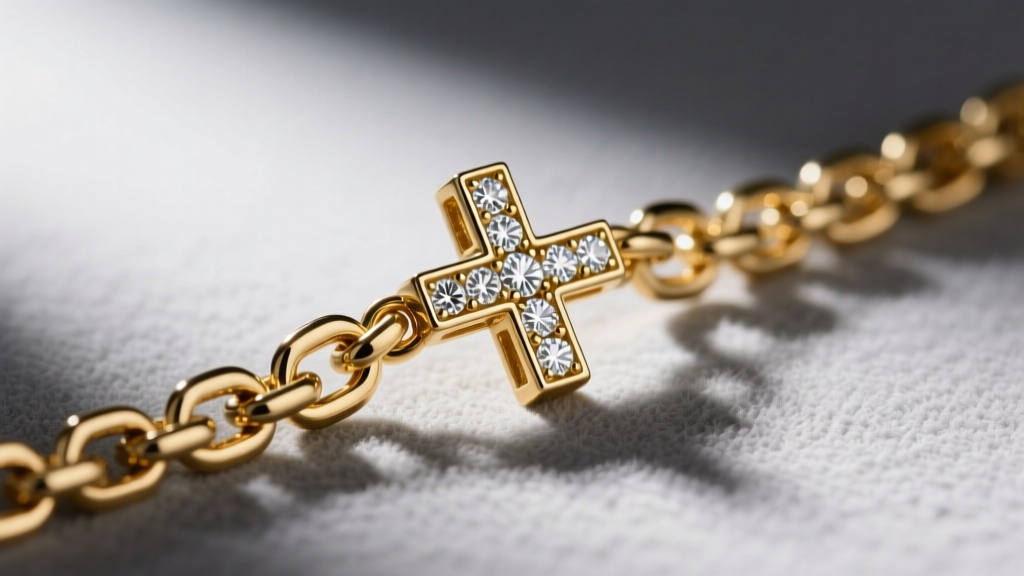 Macro view of a 1mm gold box chain threading through a diamond cross bail, highlighting square links and a sturdy lobster clasp.