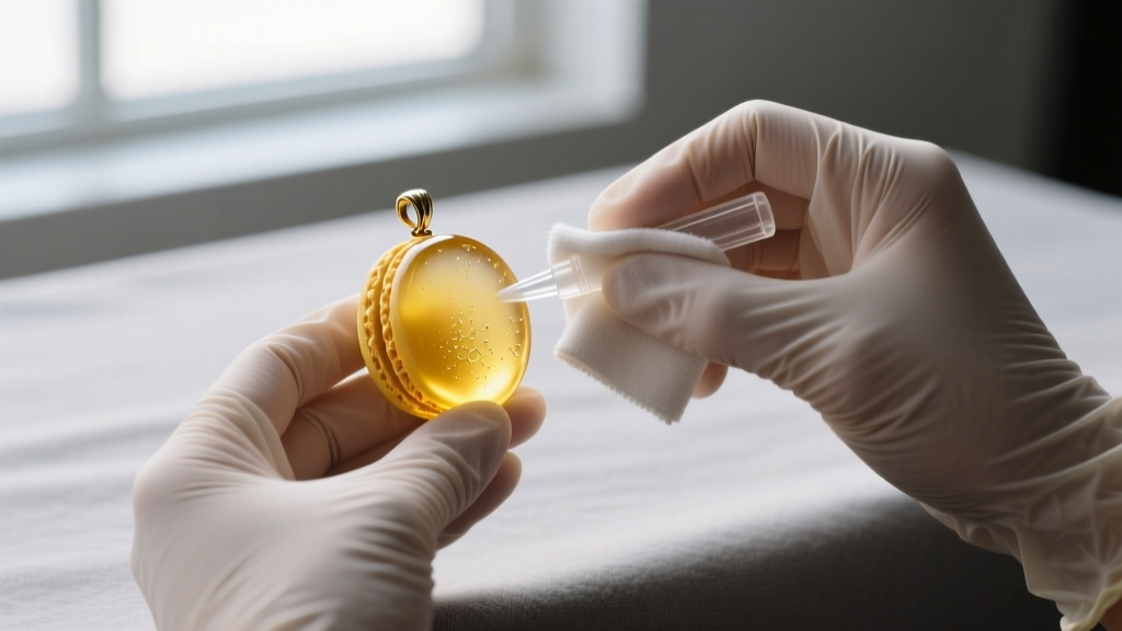 Hands in nitrile gloves using a microfiber cloth and plastic polish to restore a cloudy yellow resin macaroni jewelry pendant.