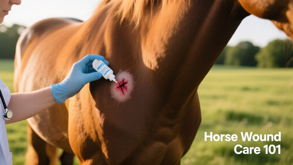 Hand applying antiseptic solution to a clean, shallow wound on a horse's shoulder