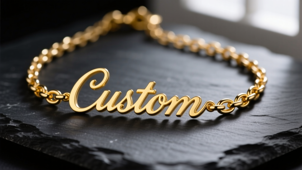 Macro shot of a 14k yellow gold custom script name necklace on dark slate, highlighting polished edges and a thick chain.