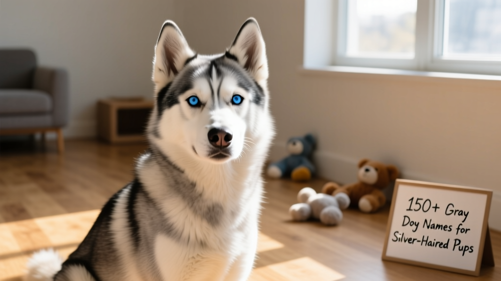 A sleek silver-gray Siberian Husky gazing confidently at the camera