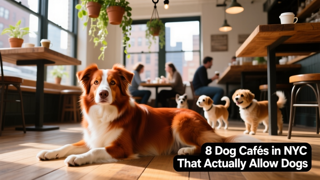 Red border collie lying comfortably on the floor of a bright, airy dog café with wooden tables and hanging plants