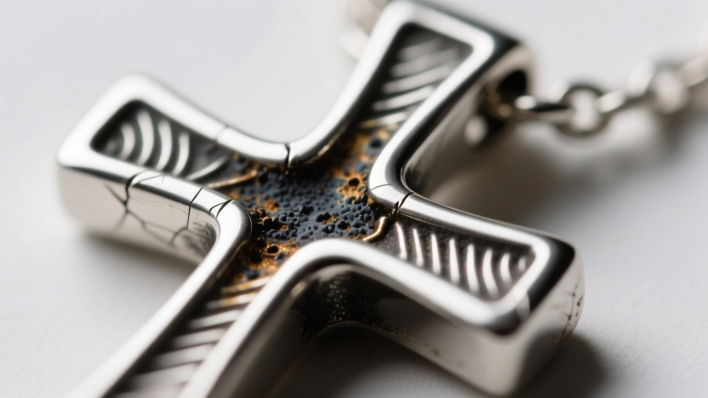 Macro shot of a silver cross necklace bail showing microscopic friction wear and dark tarnish buildup near the solder joint.