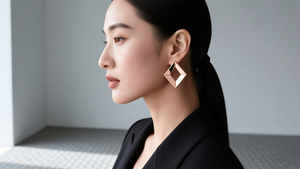 Side profile of a woman in formal wear showcasing elegant 4mm rose gold huggie earrings designed for slightly stretched lobes