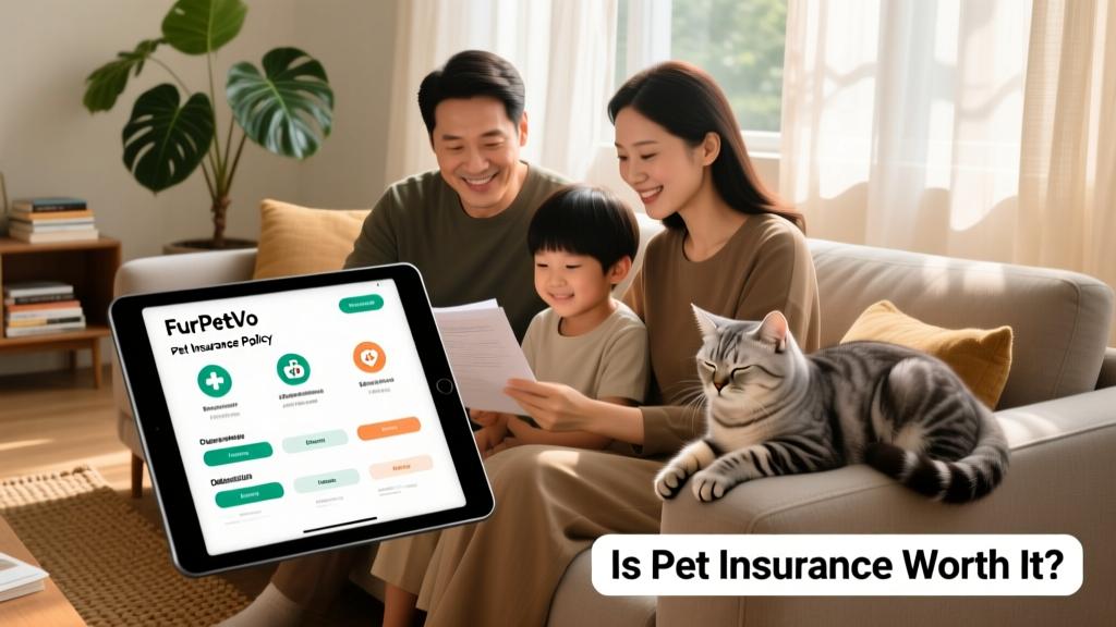 A family reviewing a FurPetVo policy document together on a tablet, with a relaxed cat nearby