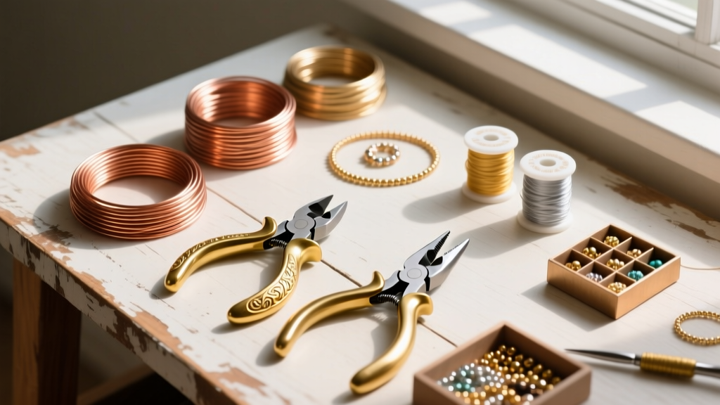 Overhead flat lay of budget jewelry supplies and tools including copper wire, brass pliers, and flush cutters on a wooden desk
