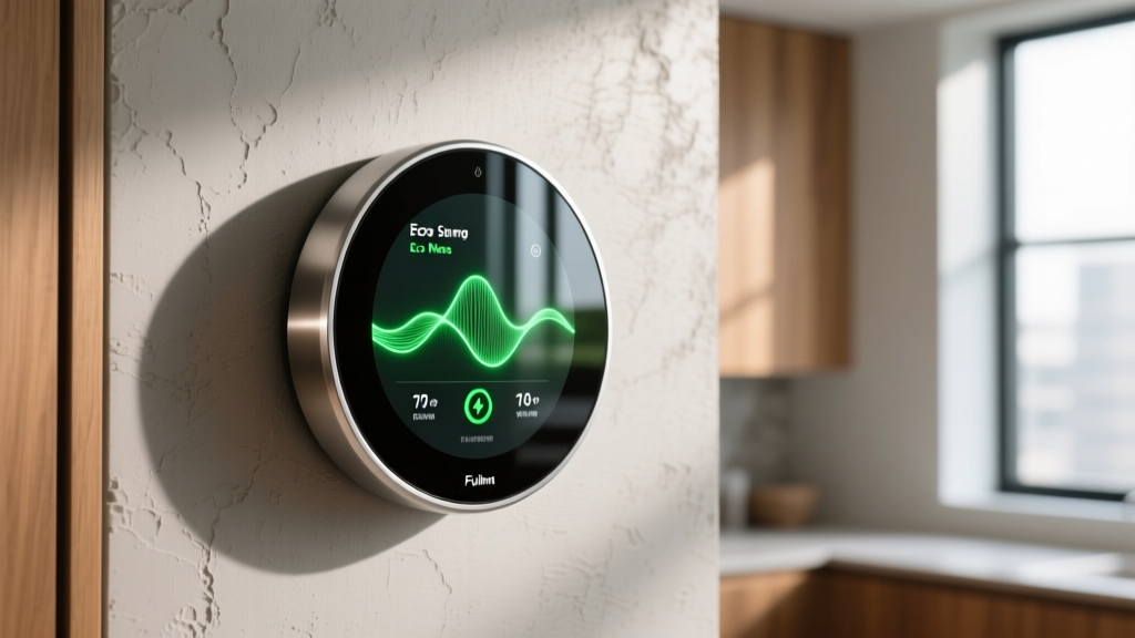 Modern smart thermostat displaying energy-saving eco modes on its circular glass screen, mounted on textured drywall.