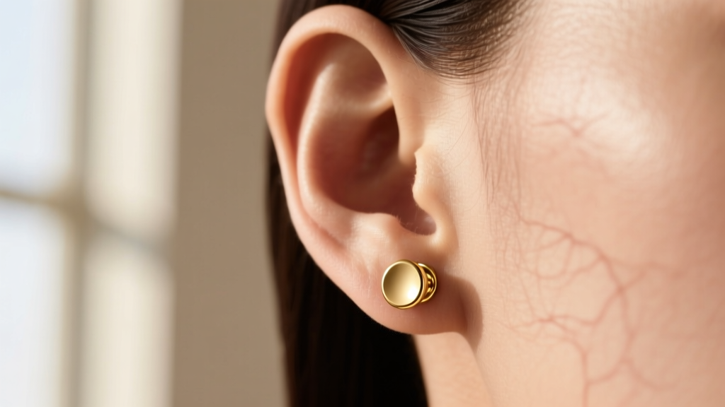 Side profile of a 14k solid gold magnetic pressure stud on an earlobe, highlighting a seamless and flush fit against the bare skin
