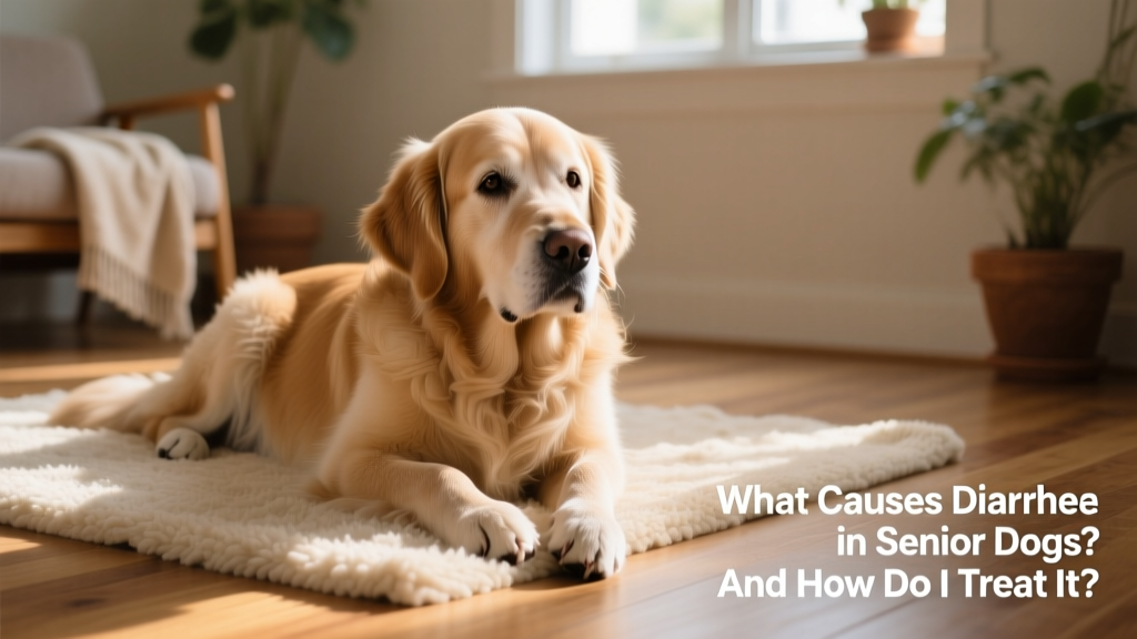 Senior golden retriever resting comfortably on a soft rug, looking alert but relaxed