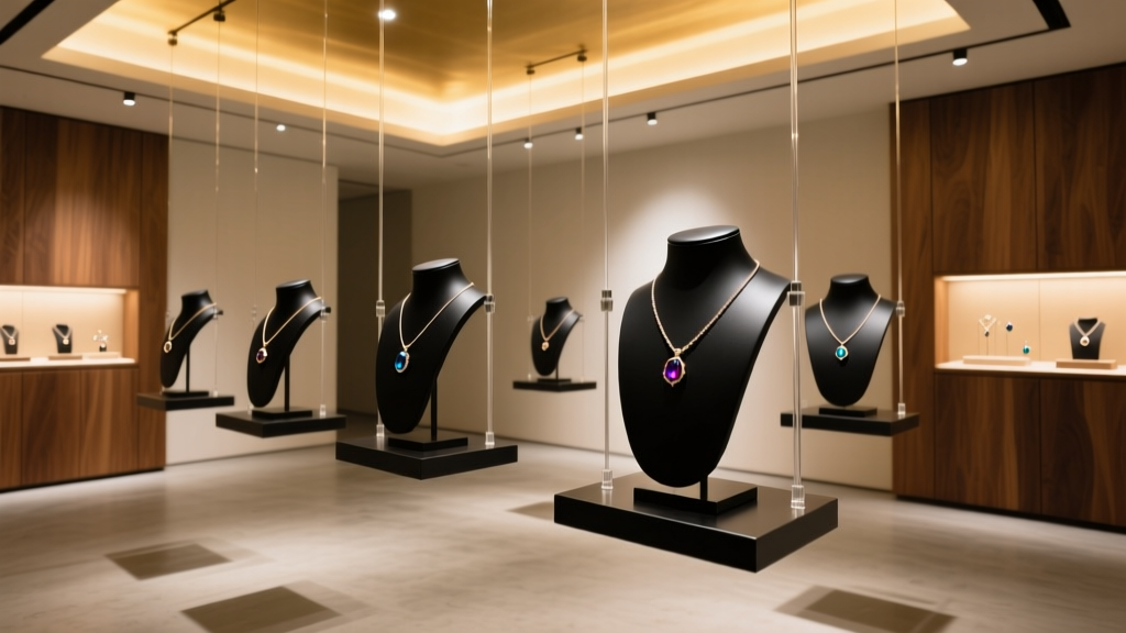 Modern boutique showing matte black aluminum necklace stands suspended by clear wires under warm, diffused overhead gallery lighting