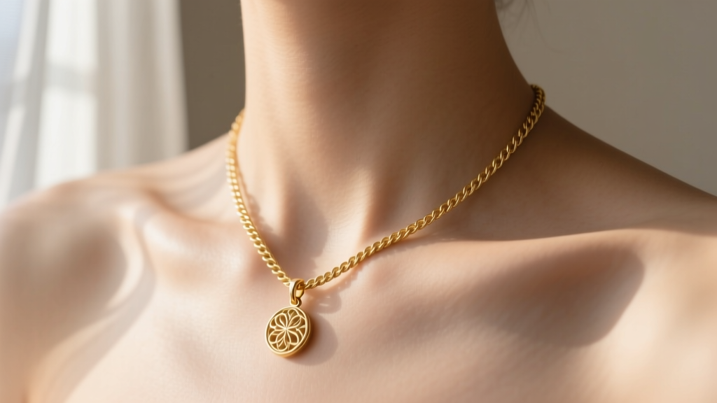 Close-up of a collarbone wearing a layered 14k gold rope chain and delicate pendant under soft natural window lighting.