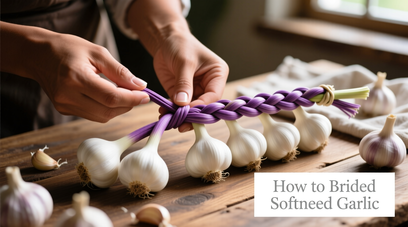 Step-by-step garlic braiding demonstration with softneck garlic