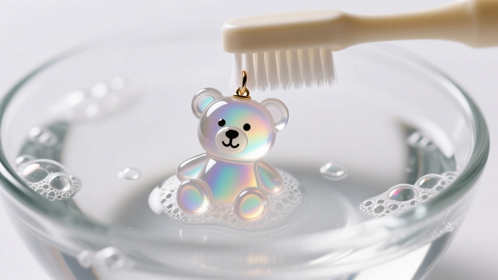 Soft-bristled baby toothbrush gently scrubbing a resin teddy bear earring in a glass bowl of mild soapy water, macro photography.