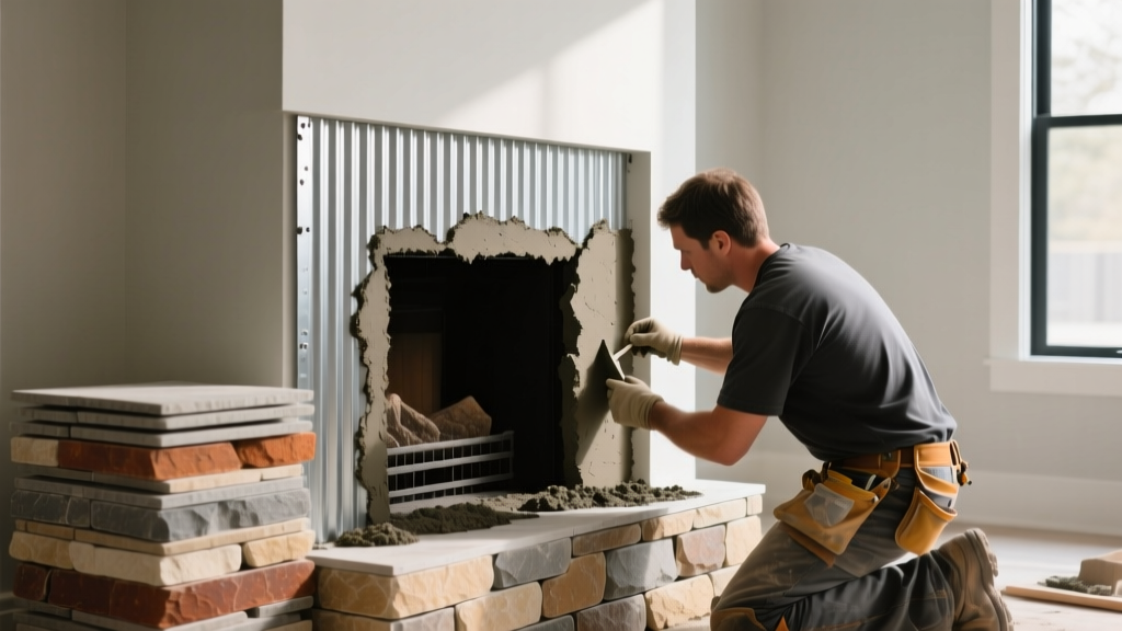 Mason applying Type S mortar to galvanized metal lath on a fireplace surround, with stacked stone veneer panels stacked nearby