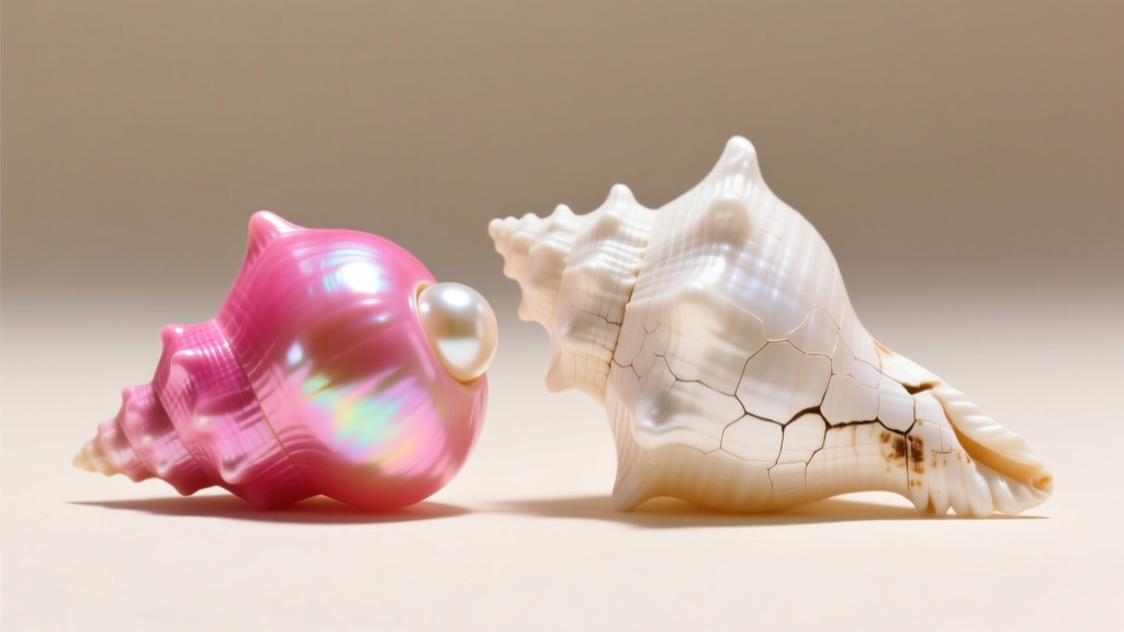 Vivid pink conch pearl next to a faded white conch pearl, illustrating severe UV color damage under bright, neutral studio lighting
