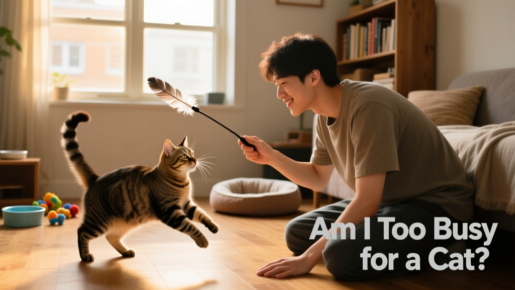 A person playing with a cat using a feather wand toy