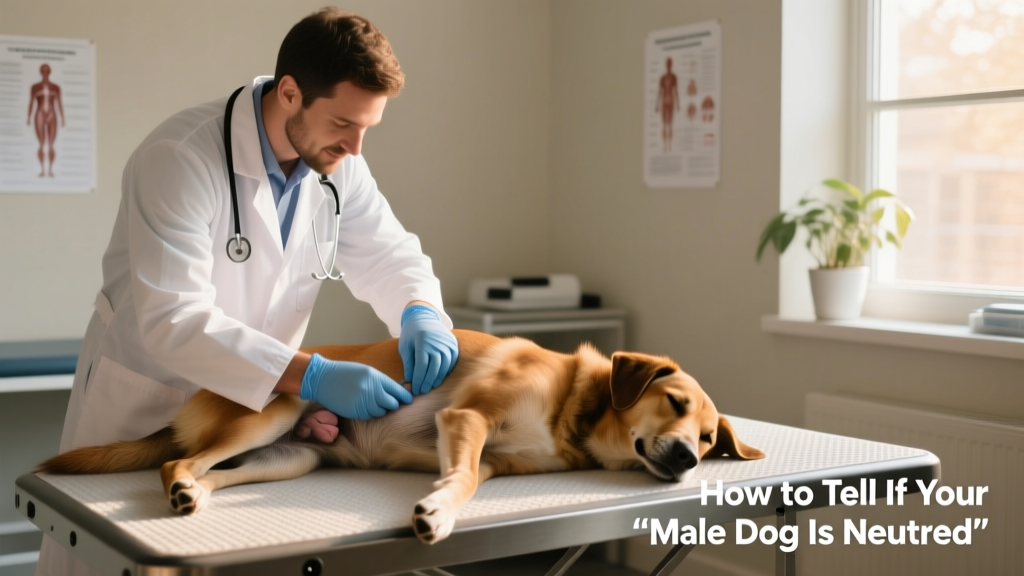 Veterinarian gently examining a calm, relaxed male dog’s scrotal area during a routine wellness check