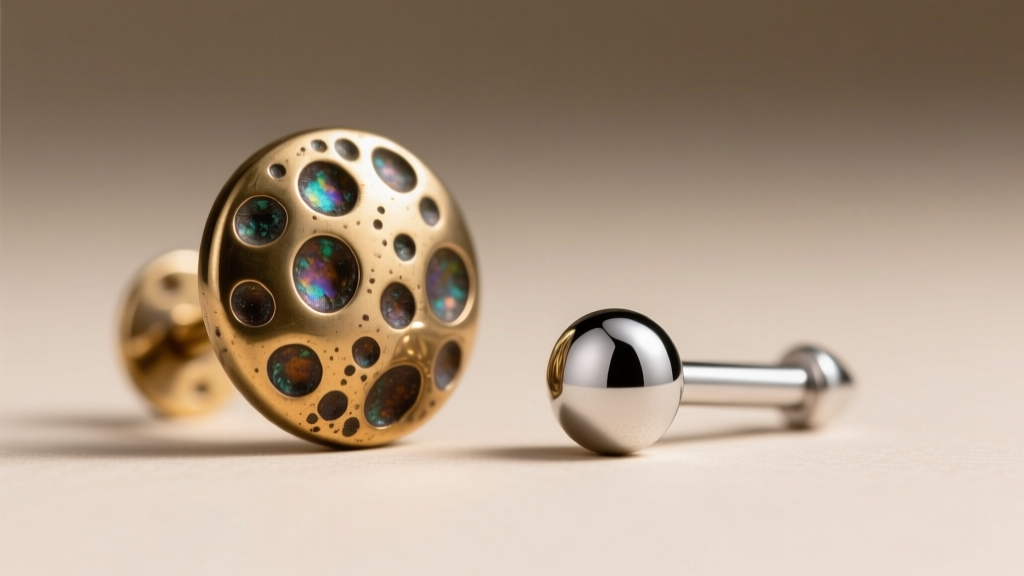 Close-up of a pitted, oxidized brass earring back next to a pristine, mirror-polished implant-grade titanium labret stud