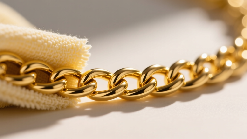 Microfiber cloth polishing a thick 18k yellow gold rope chain, highlighting the restored high-shine finish on the intricate links