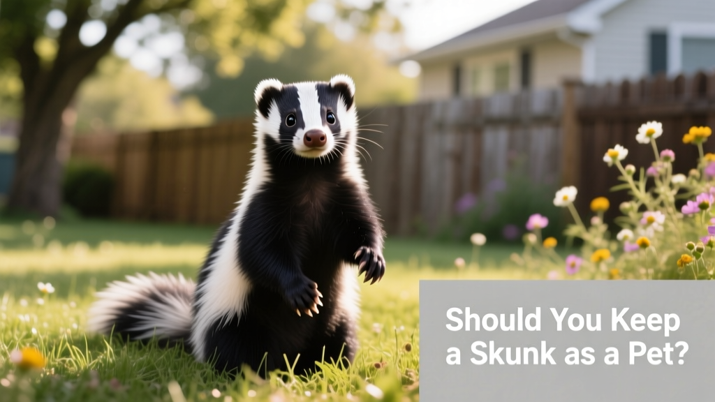 A curious, alert striped skunk sitting on grass in natural light