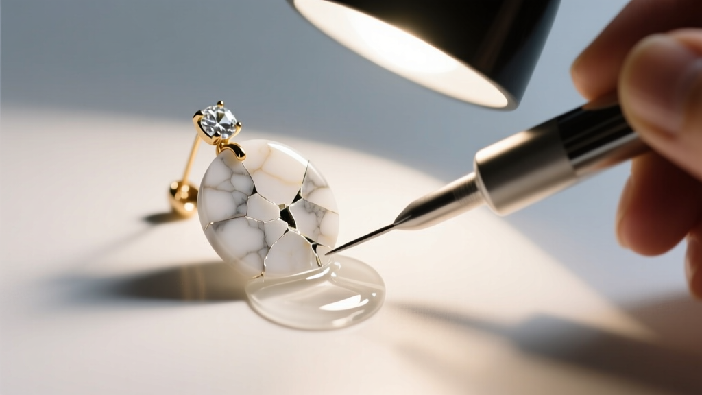 Cracked marble earring being repaired with a fine applicator applying clear jewelry epoxy under a bright magnifying desk lamp.